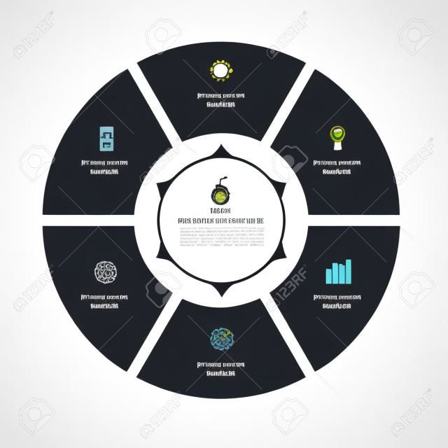 Vector infographic Kreis. Vorlage für Graph, Radfahren Diagramm, rund Diagramm, Workflow-Layout, Anzahl Optionen, Web-Design. 6 Stufen, Teile, Optionen, Stufen Business-Konzept