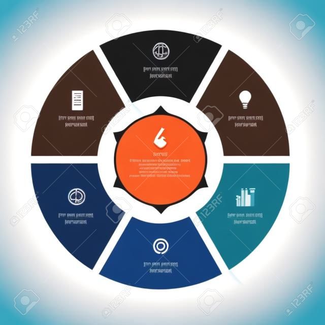 Vector infographic circle. Template for graph, cycling diagram, round chart, workflow layout, number options, web design. 6 steps, parts, options, stages business concept