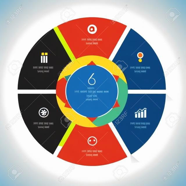 Vector infographic Kreis. Vorlage für Graph, Radfahren Diagramm, rund Diagramm, Workflow-Layout, Anzahl Optionen, Web-Design. 6 Stufen, Teile, Optionen, Stufen Business-Konzept