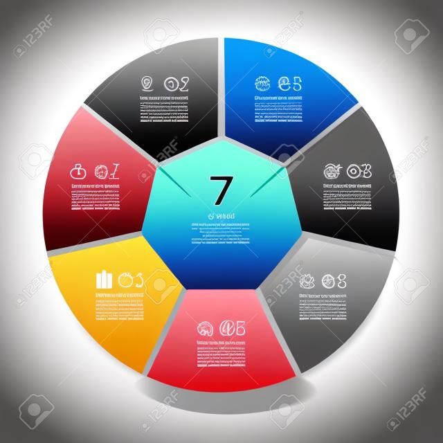 Infographic circle banner. Template for graph, report, presentation, data visualisation, cycling diagram, round chart, number options, web design. 7 steps vector background