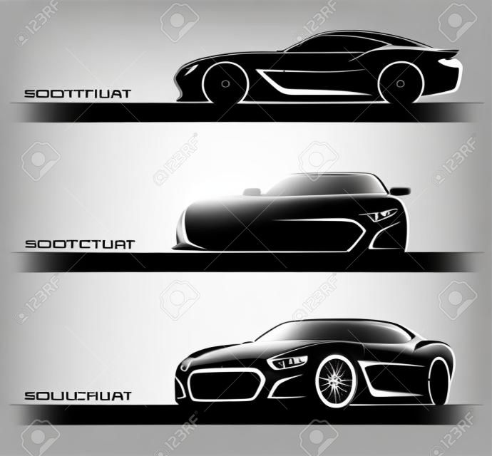 Set van sportwagen silhouetten geïsoleerd op witte achtergrond. Voorkant, achterzijde, zijaanzicht. Vector illustratie