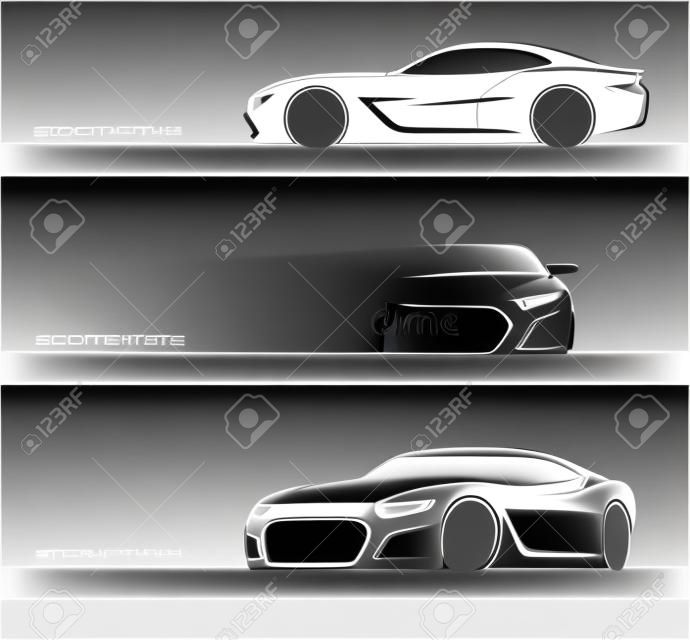 Set of sports car silhouettes isolated on white background. Front, rear, side views. Vector illustration