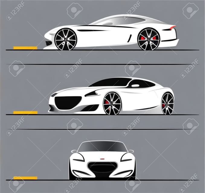 Satz Sportwagenschattenbilder lokalisiert auf weißem Hintergrund. Seitenansicht, Dreiviertel- und Vorderansicht. Vektor-Illustration