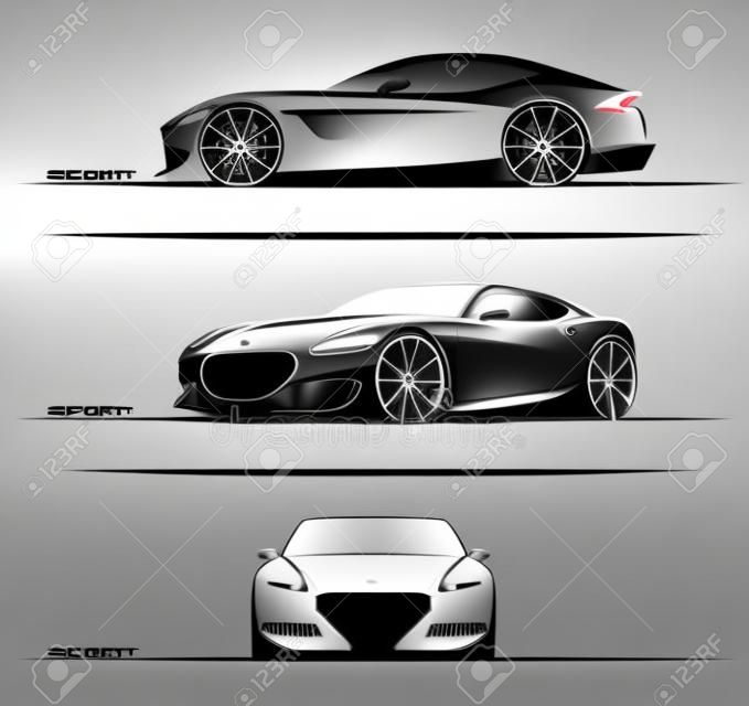 Set of sports car silhouettes isolated on white background. Side, three-quarter and front view. Vector illustration