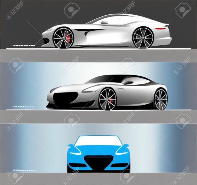 Set van sportwagen silhouetten geïsoleerd op witte achtergrond. Zijkant, driekwart en vooraanzicht. Vector illustratie