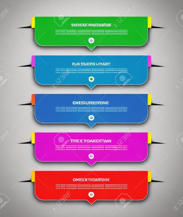 Infographic template with 5 colorful arrows, labels, tags. Can be used for diagram, step options, chart, report, web design