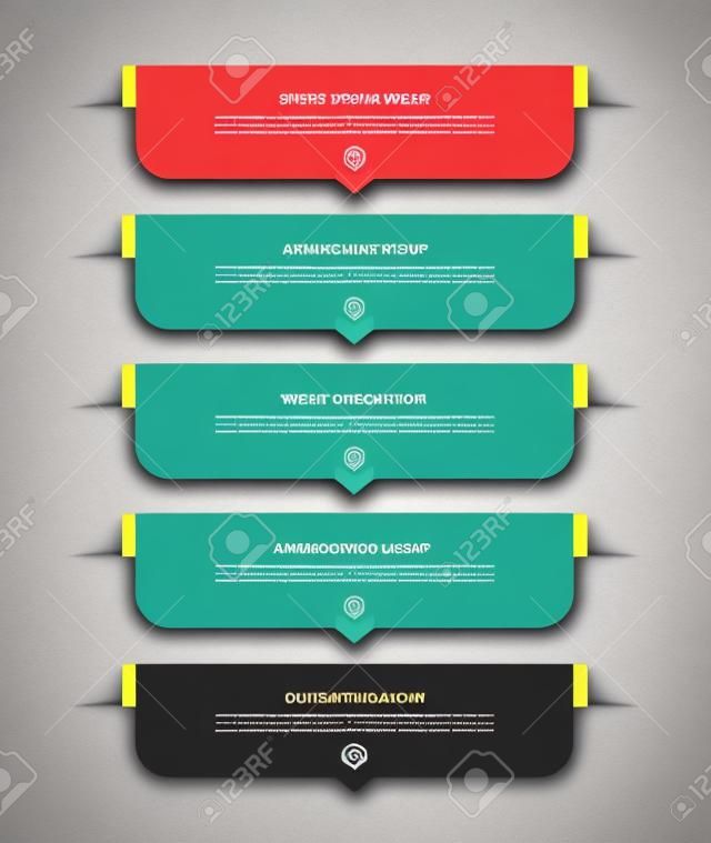 Infographic template with 5 colorful arrows, labels, tags. Can be used for diagram, step options, chart, report, web design
