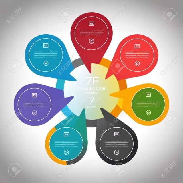 Plantilla de diagrama de círculo de infografía con 7 opciones. Se puede utilizar como diagrama, gráfico, diseño de flujo de trabajo, para web, informes, infografías comerciales.