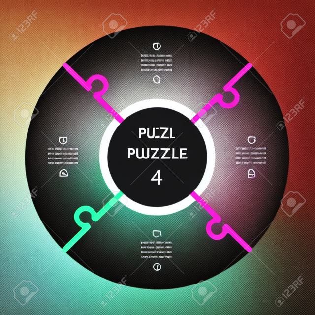 Wektor plansza puzzle okrągły szablon. schemat cyklu z 4 częściami, opcje. może być używany do wykresu, wykresu, raportu, prezentacji, projektowania stron internetowych.