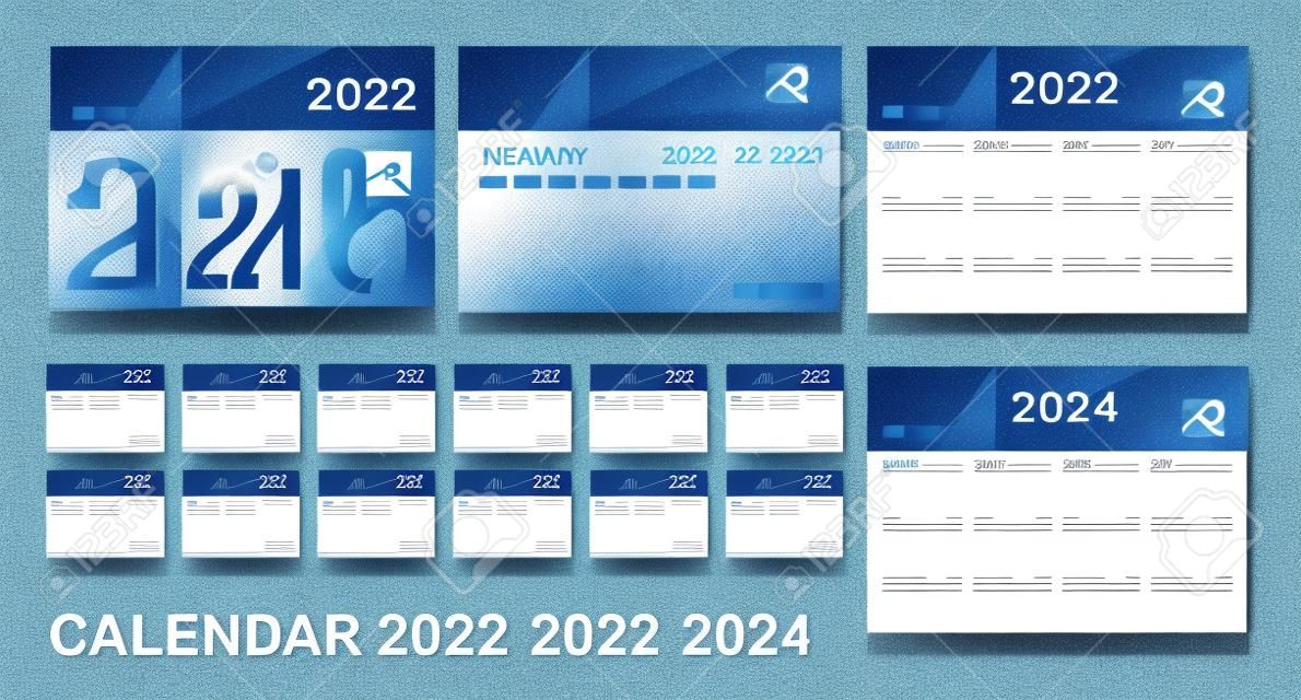 Calendário 2022, 2023, 2024 ano modelo, Set Desk calendário 2022 modelo, feliz ano novo, tendência mínima, calendário de parede, planejador, início semana no domingo, conjunto de 12 meses, fundo azul, vetor eps10