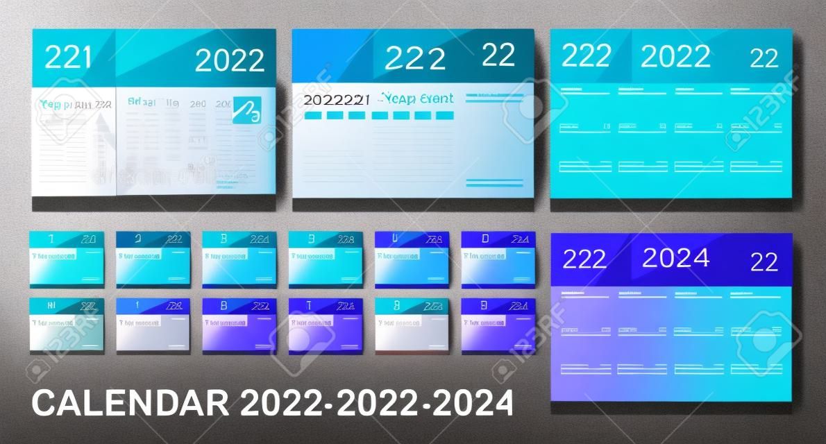 Calendário 2022, 2023, 2024 ano modelo, Set Desk calendário 2022 modelo, feliz ano novo, tendência mínima, calendário de parede, planejador, início semana no domingo, conjunto de 12 meses, fundo azul, vetor eps10