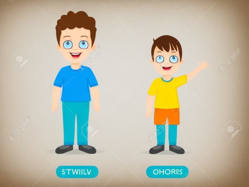 Beispiel für entgegengesetzte Adjektivwörter für Kinder. isoliert auf weißem Hintergrund