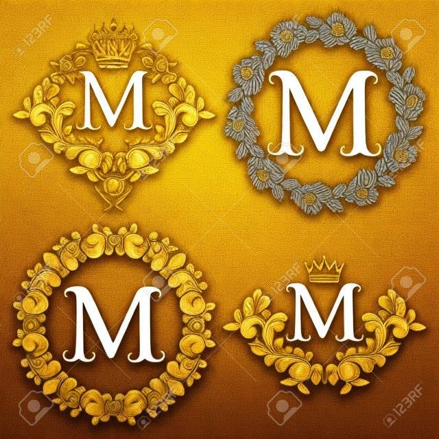 Złoty list M rocznika zestaw monogramy. Heraldyczny monogram w postaci herbowej formy, litera M w kwiatowej okrągłej ramce, litera M w wieńcu, heraldyczny monogram w dekoracji kwiatowej z koroną.