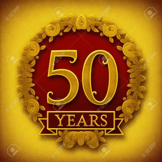 Golden emblem of fiftieth years anniversary in vintage style.