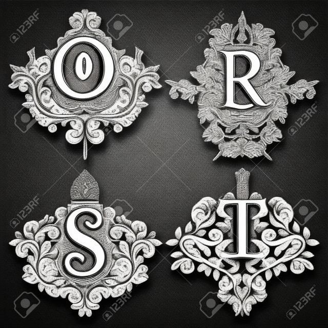 Heraldik monogramların kollarla kaplandı. Siyah beyaz çiçek dekoratif pullar. Bağbozumu barok stilde izole edilmiş dövme etiketleri.