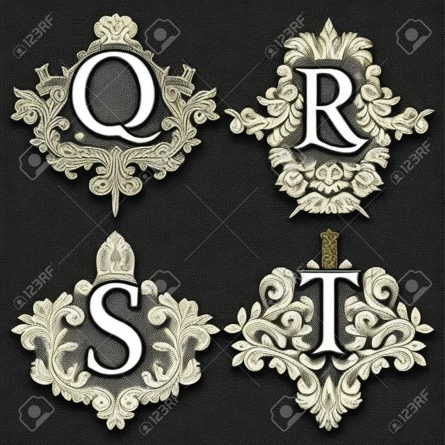 Set di monogrammi araldici in forma di stemmi. Francobolli decorativi floreali bianchi sul nero. Etichette isolate di tatuaggio in stile barocco d'epoca.