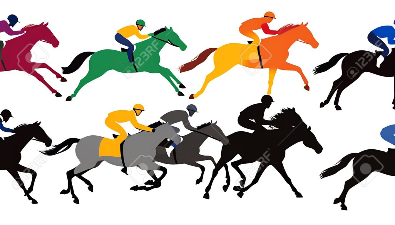 Sylwetka wyścigu konnego z dżokejem, ilustracji wektorowych.