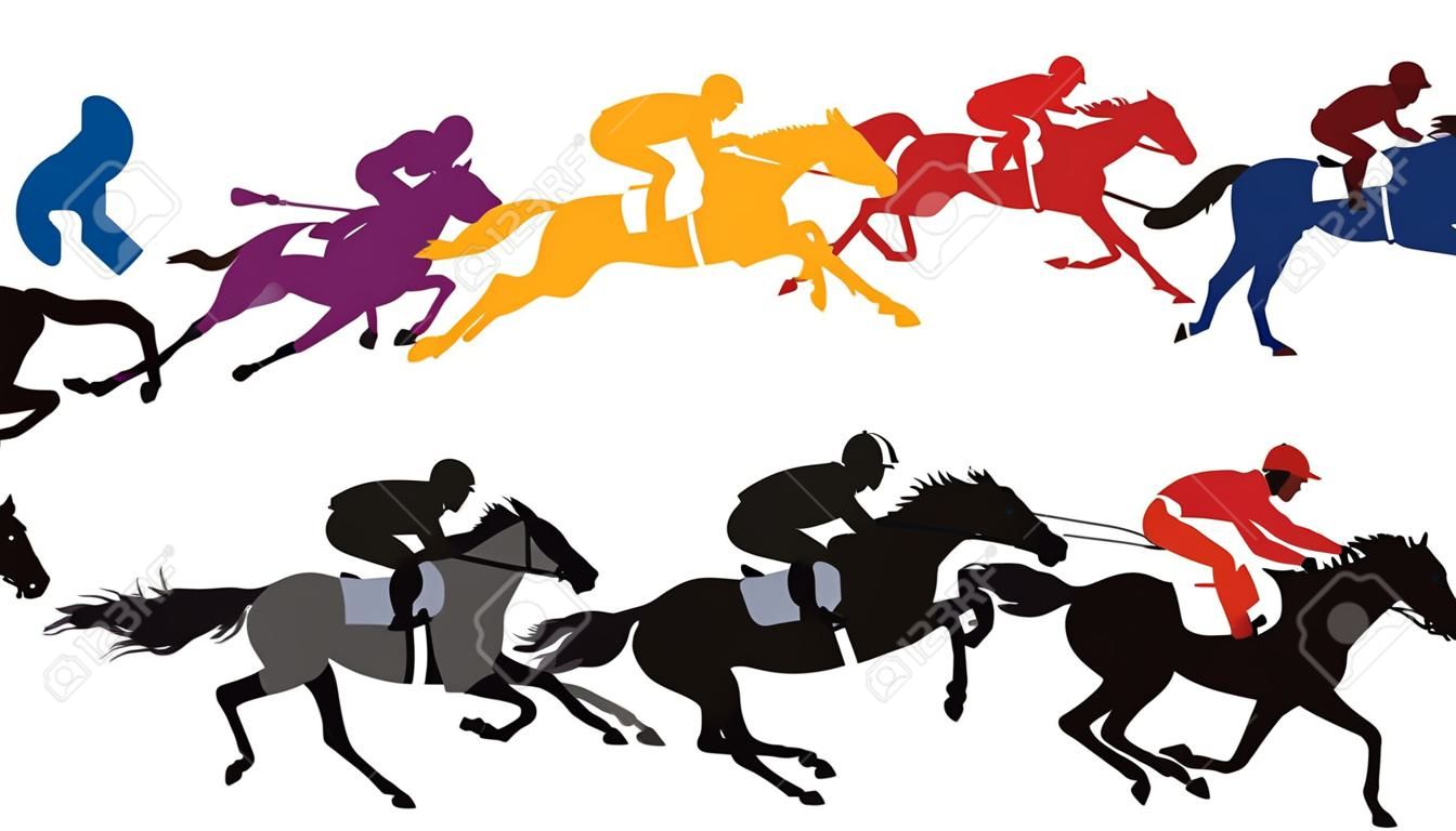 Silhueta da corrida do cavalo com jockey, ilustração vetorial.