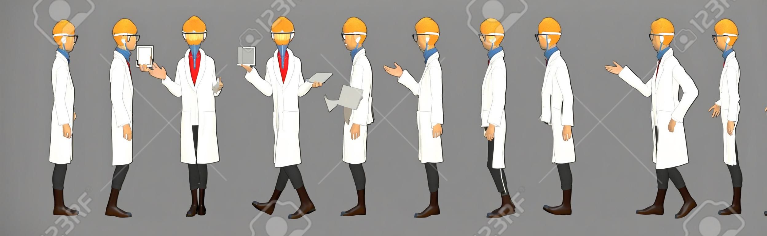 걷기 주기 애니메이션 시퀀스가 있는 과학자 캐릭터 모델 시트