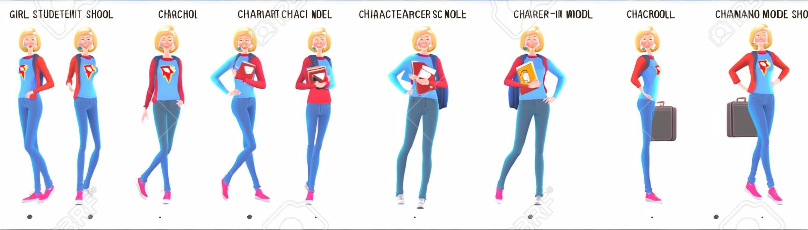 Girl Student Character Design Model Sheet with walk cycle animation.