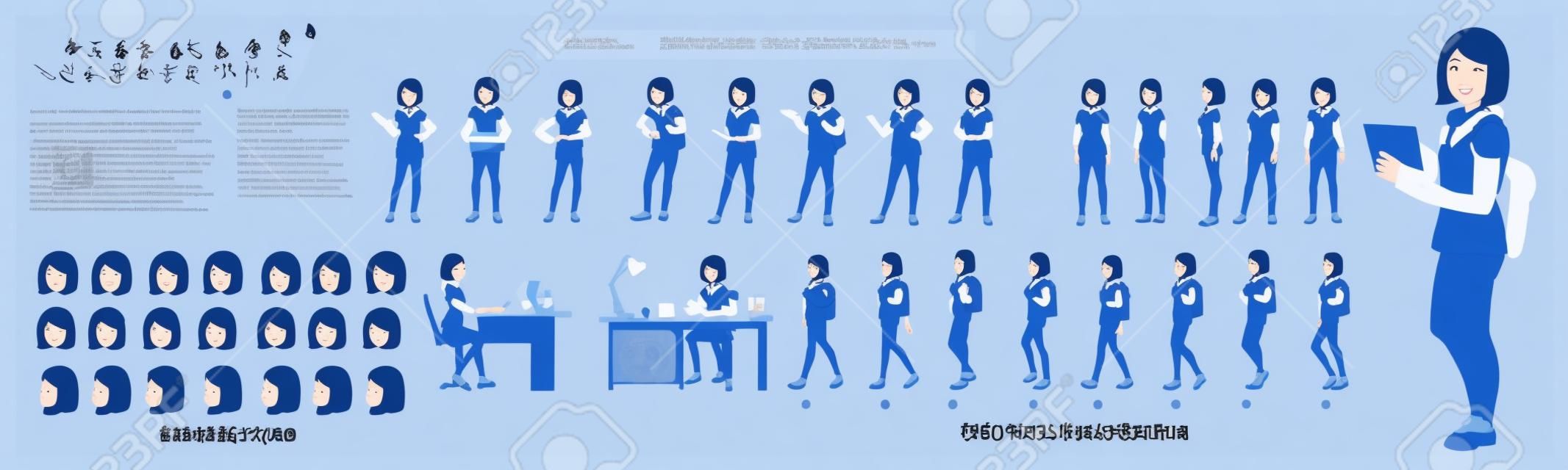 Arkusz modelu postaci studentki azjatyckiej z animacją cyklu spacerowego. projekt postaci dziewczyny.