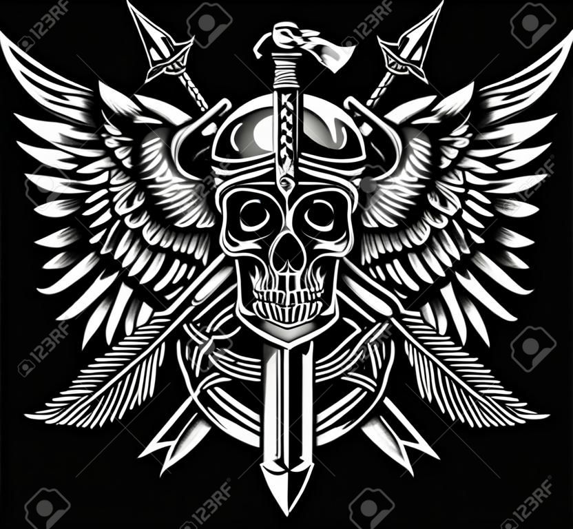 Winged Skull with Sword and Arrows