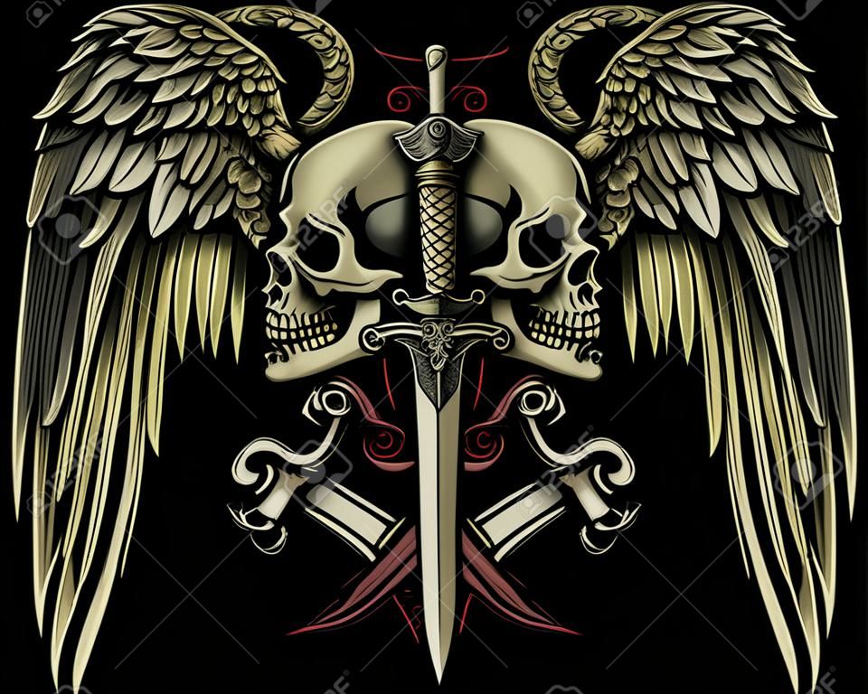 Crânio de duas faces com asas e espada