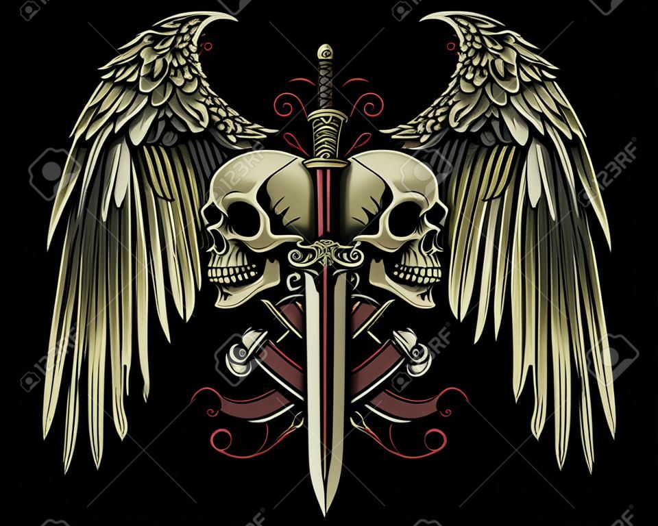 Twee gezichten schedel met vleugels en zwaard