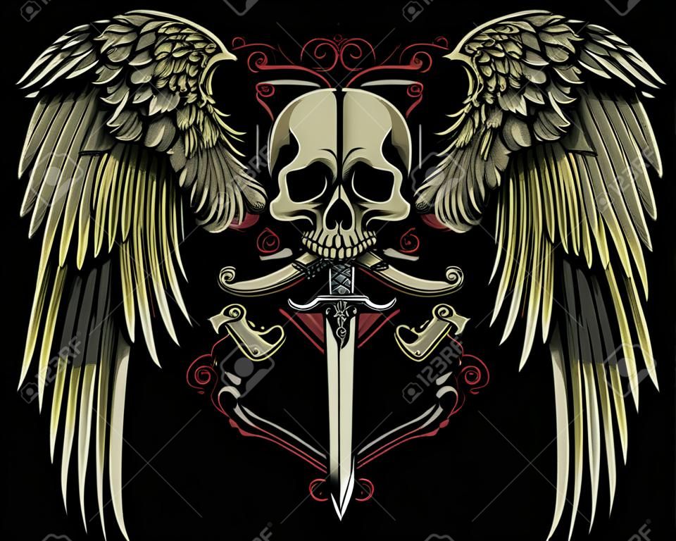 Two Faced Skull With Wings and Sword