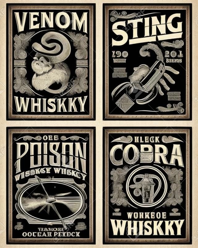 Collezione grafica di t-shirt vintage con etichetta di whisky in bianco e nero