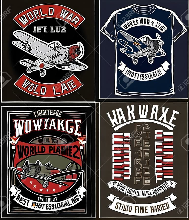 Collezione di t-shirt con grafica dell'aereo da caccia vintage della seconda guerra mondiale