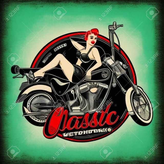 Vintage Pin Up Girl sur l'illustration vectorielle de moto