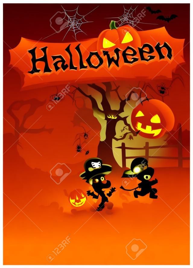 Illustrazione vettoriale di Halloween con due bambini in corsa che hanno paura dell'oscurità, zucca