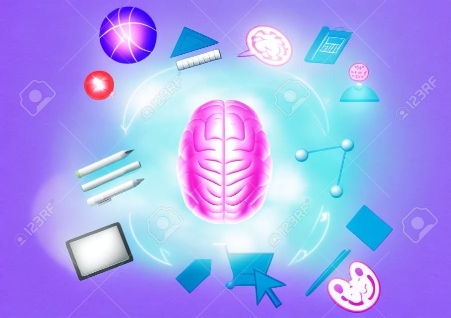 Digital composite of Pink brain with education graphics against blue background