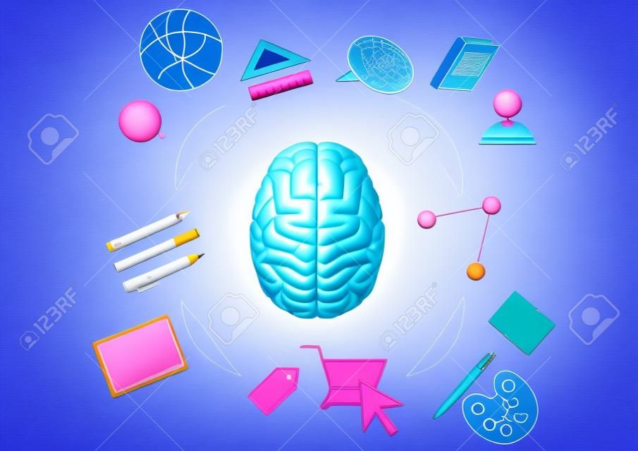 Digital composite of Pink brain with education graphics against blue background