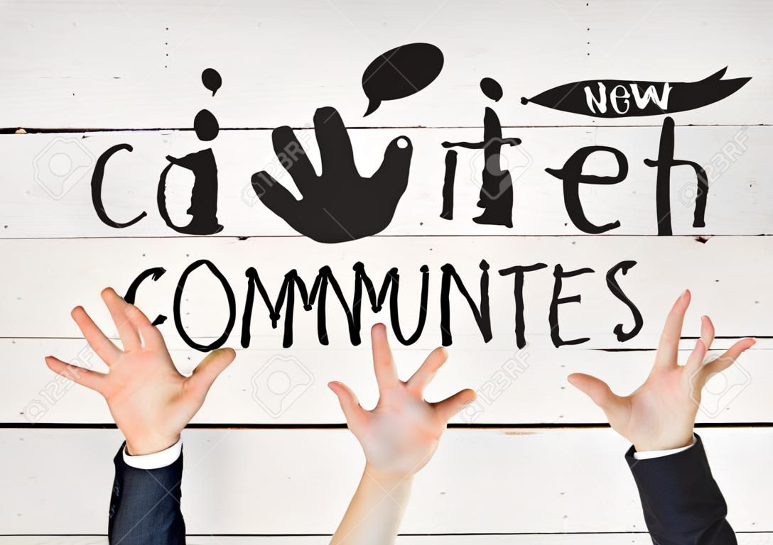 Digital composite of Many hands reaching with Communites text with drawings graphics