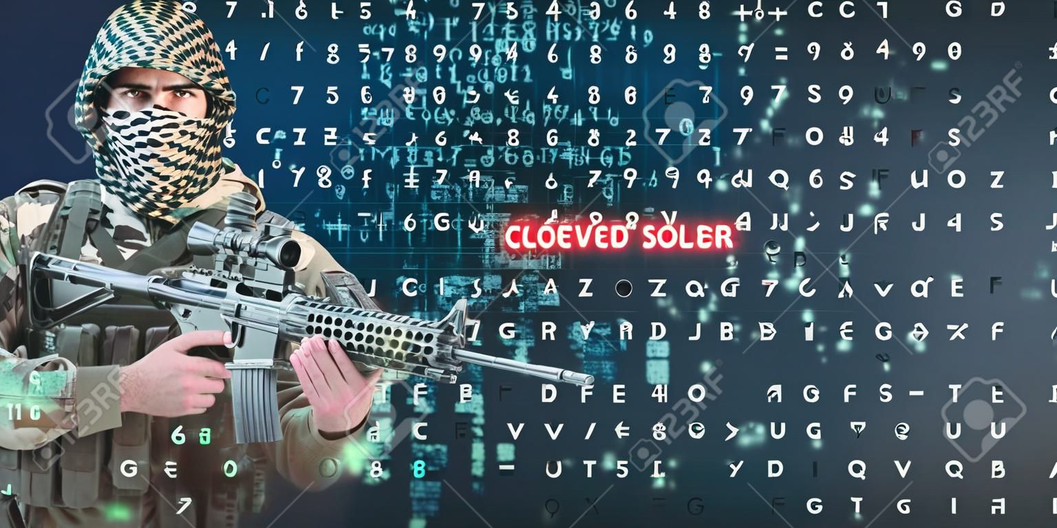 Portrait of face covered soldier holding rifle against virus background