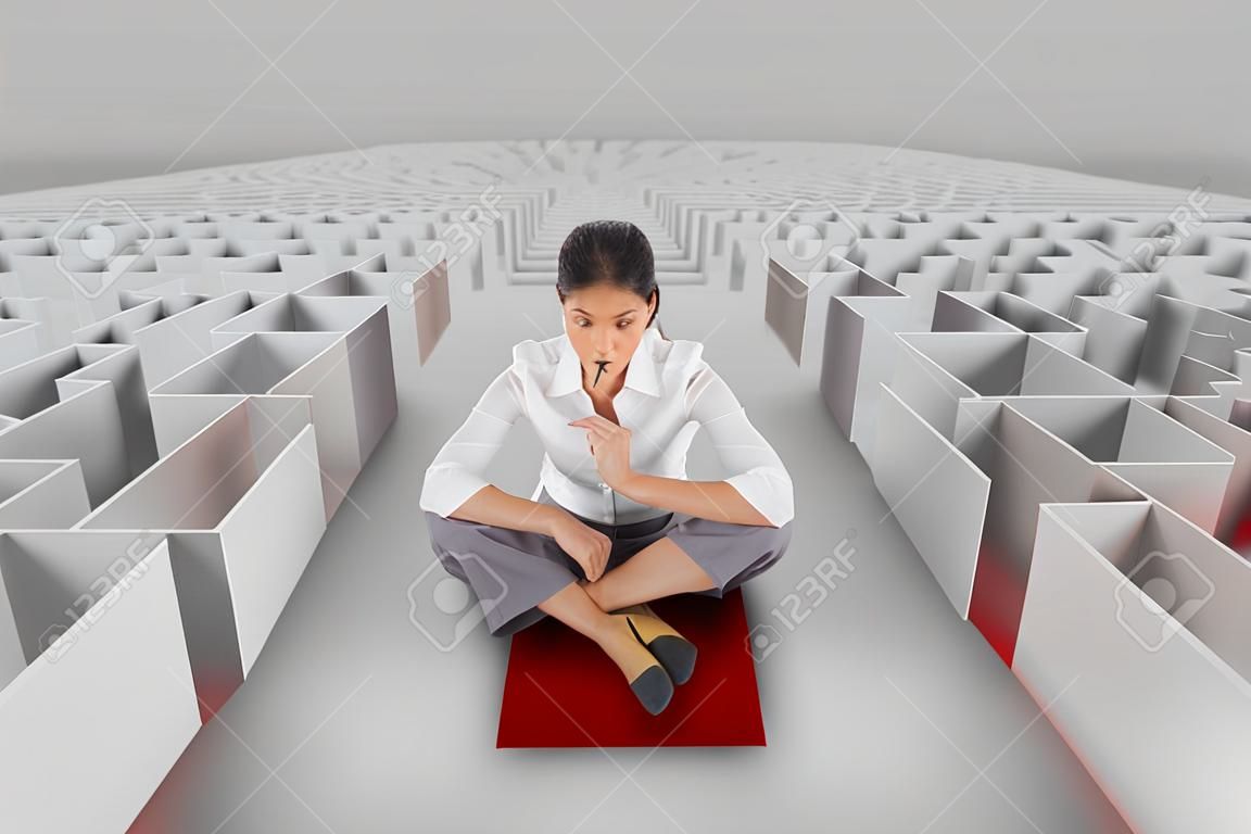 Digital composite of Woman sitting on a 3d maze with an arrow