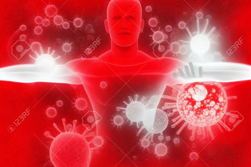 Image d'un corps blanc contre l'image graphique du virus rouge
