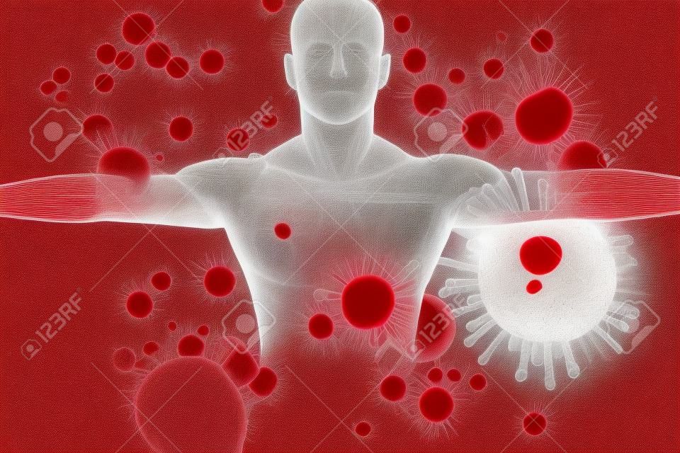 Image d'un corps blanc contre l'image graphique du virus rouge