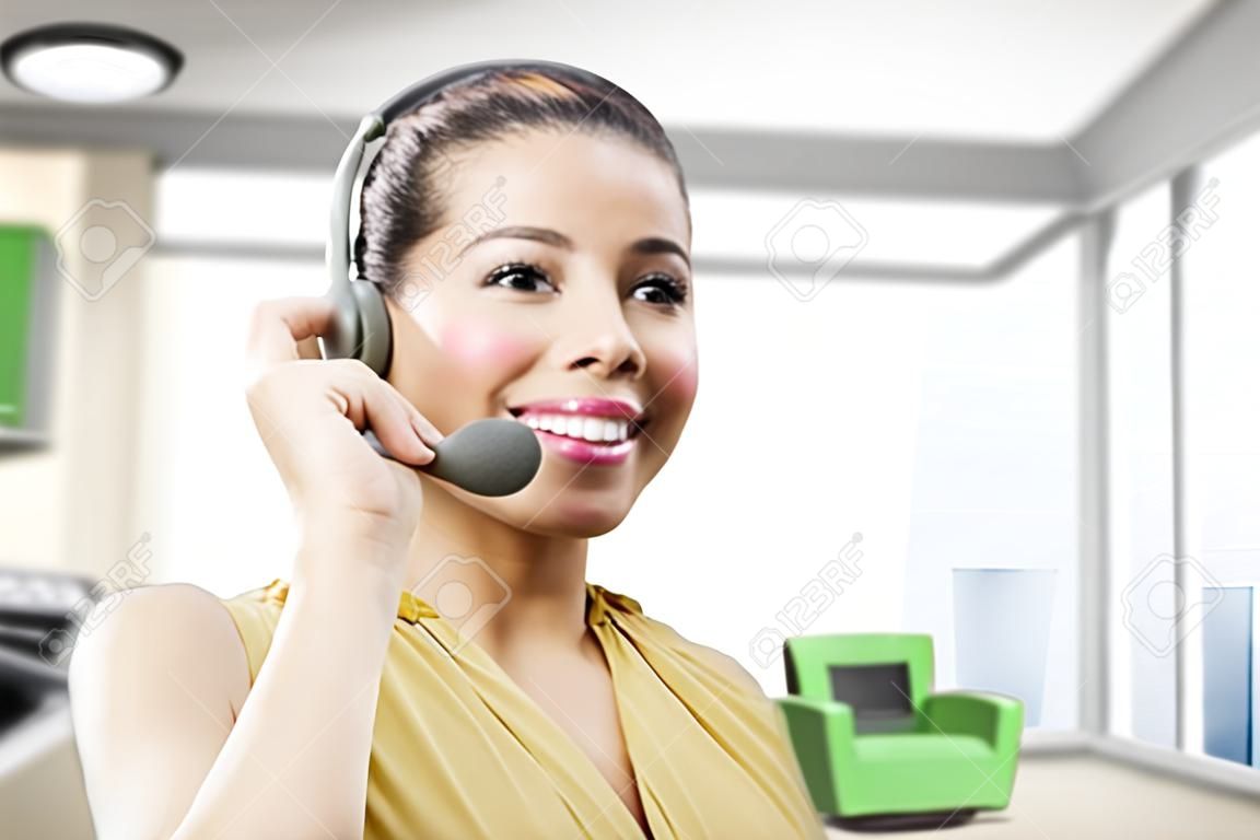 Digital composite of Happy customer care representative woman against office background