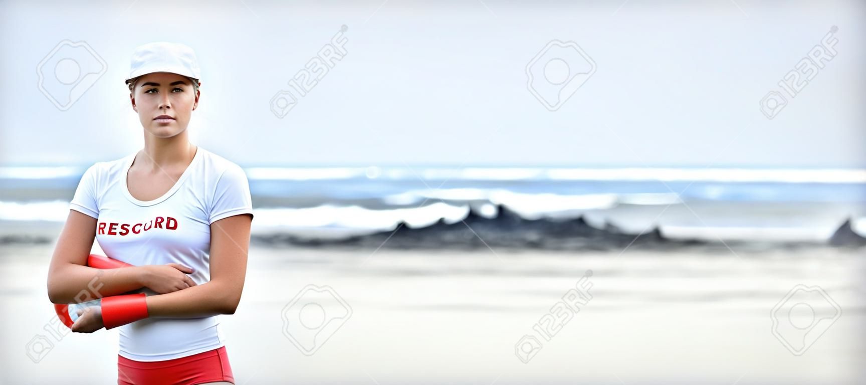 Portrait of female lifeguard holding rescue buoy against view of waves
