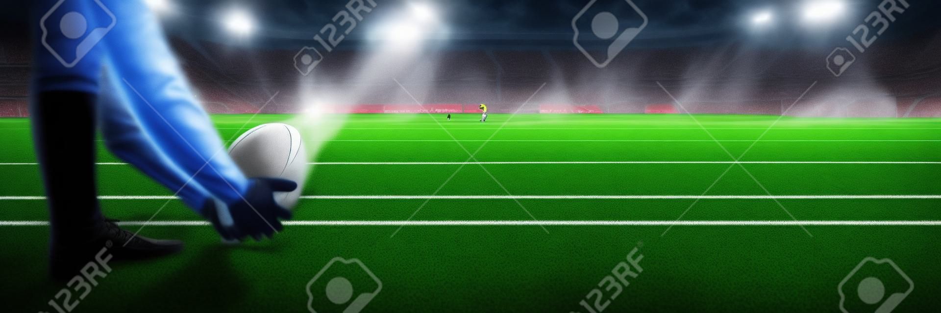 Man putting in grass rugby ball  against stadium against sky