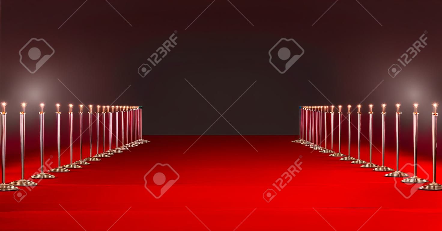 Image générée numériquement d'un long tapis rouge avec des projecteurs sur fond rouge