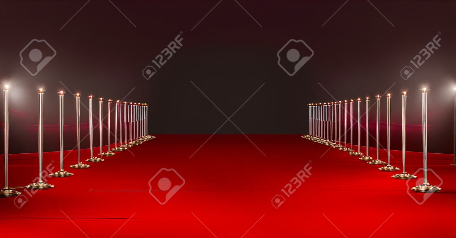 Image générée numériquement d'un long tapis rouge avec des projecteurs sur fond rouge