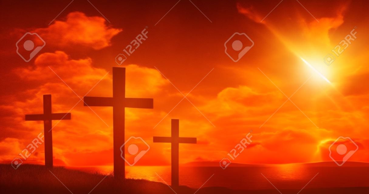 Bild von drei christlichen Kreuzen über einer Landschaft mit leuchtender Sonne am orangefarbenen Himmel. Osterfeier, Religion und Traditionskonzept digital generiertes Bild.
