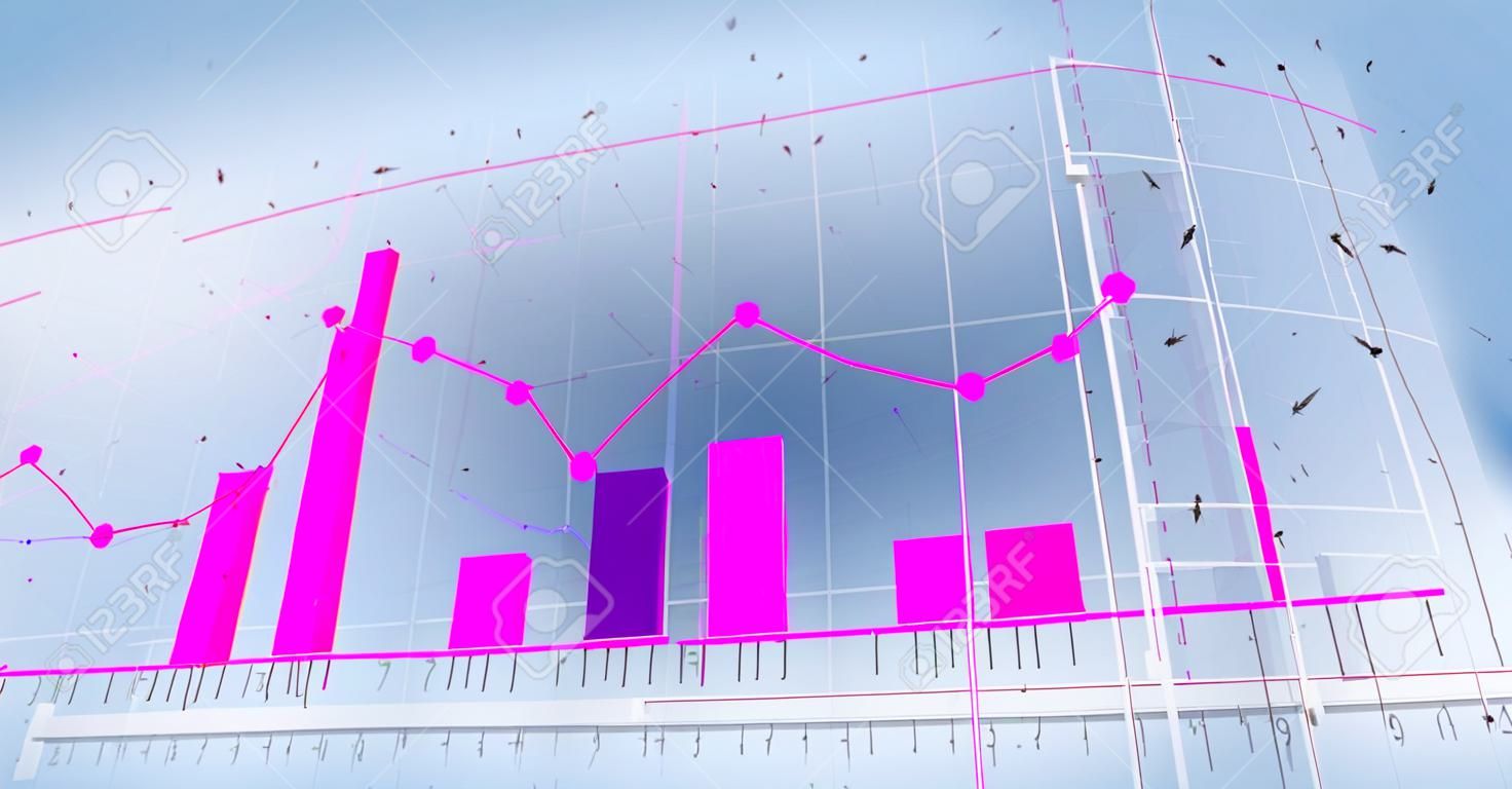 Image of statistics and pink arrow over grid on blue background. Global business, statistics and data processing concept digitally generated image.