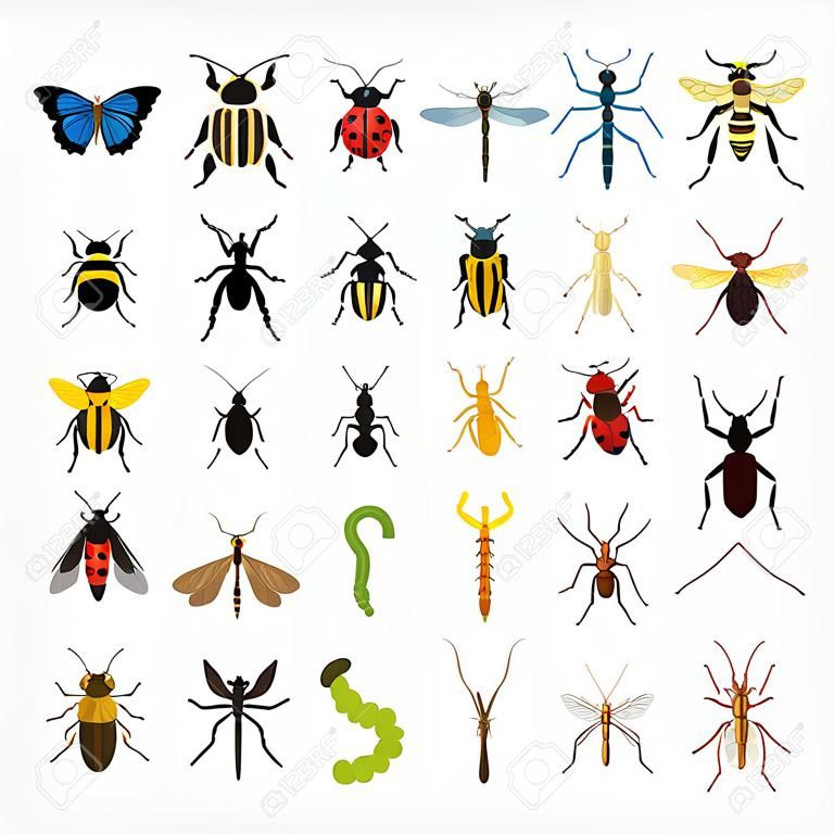 Set von Insekten flachen Stil Design-Ikonen. Schmetterling, Kartoffelkäfer, Libelle, Wespe, Grashüpfer, Ameisen, Marienkäfer, Käfer, Bumblebee, Motte, Scorpio, Acarus, Fliegen, Raupe, Spinne, Mosquito. Vektor-Illustration.