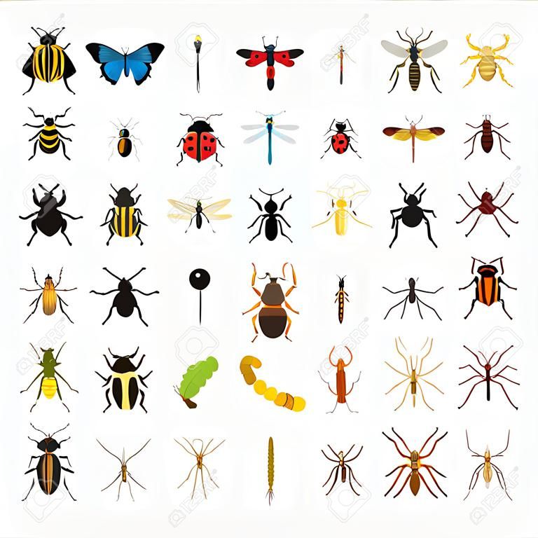 Zestaw owadów typu płaska ikon. Motyl, Stonka, Dragonfly, osa, konik polny, mrówka, biedronka, Beetle, Bumblebee, Ćma, Skorpion, Acarus, Fly, Caterpillar, Pająk, Mosquito. ilustracji wektorowych.