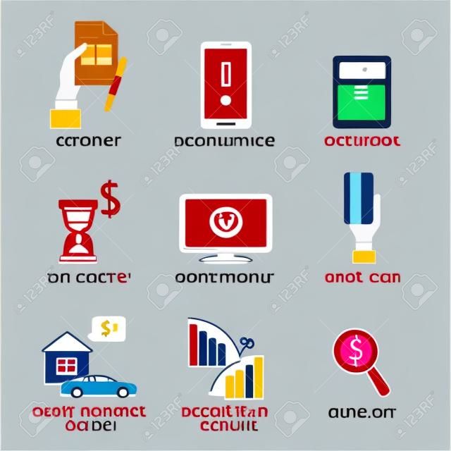 Banking service outline icons set,  deposit, credit, money transfer. Contract, Mobile banking, calculator, online payment, credit card, credit for house and car. Vector illustration.